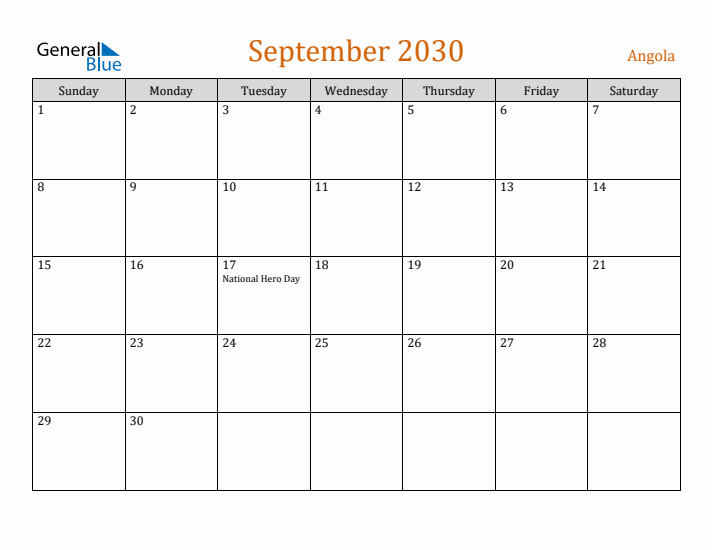 September 2030 Holiday Calendar with Sunday Start