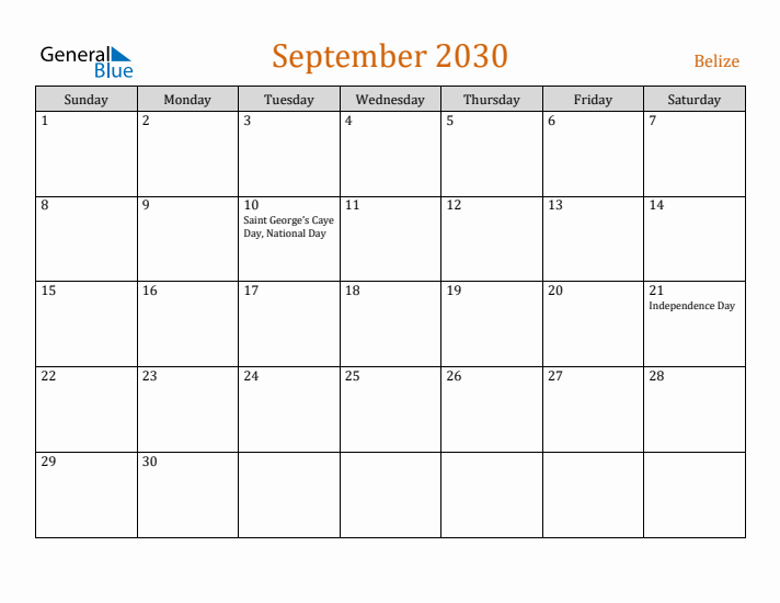 September 2030 Holiday Calendar with Sunday Start