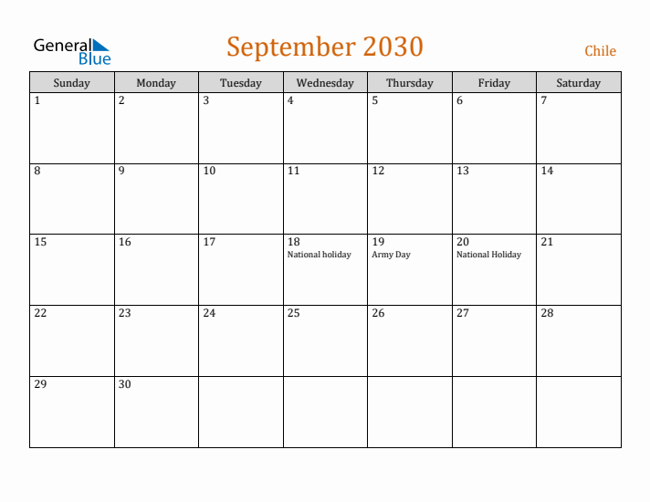 September 2030 Holiday Calendar with Sunday Start