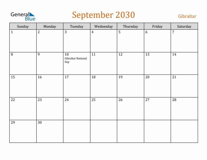 September 2030 Holiday Calendar with Sunday Start