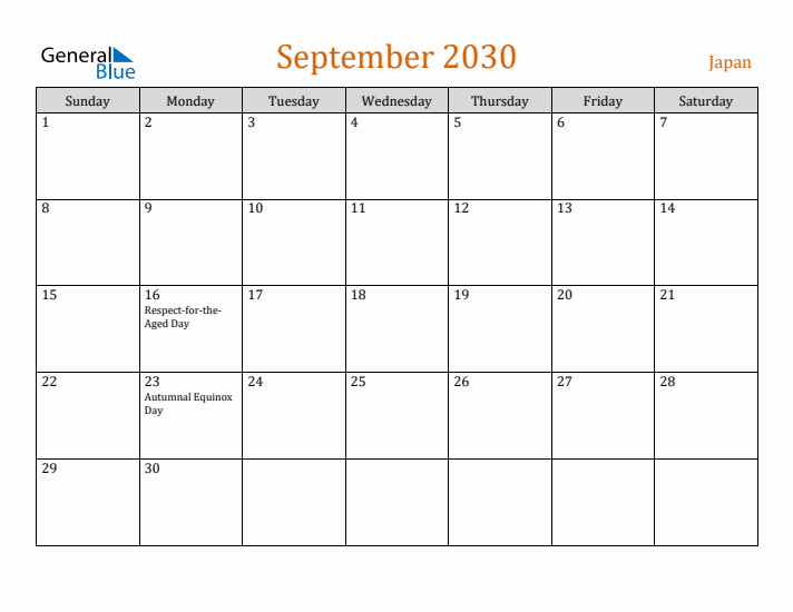 September 2030 Holiday Calendar with Sunday Start