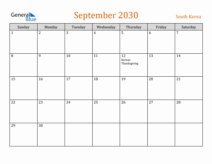 September 2030 Holiday Calendar with Sunday Start