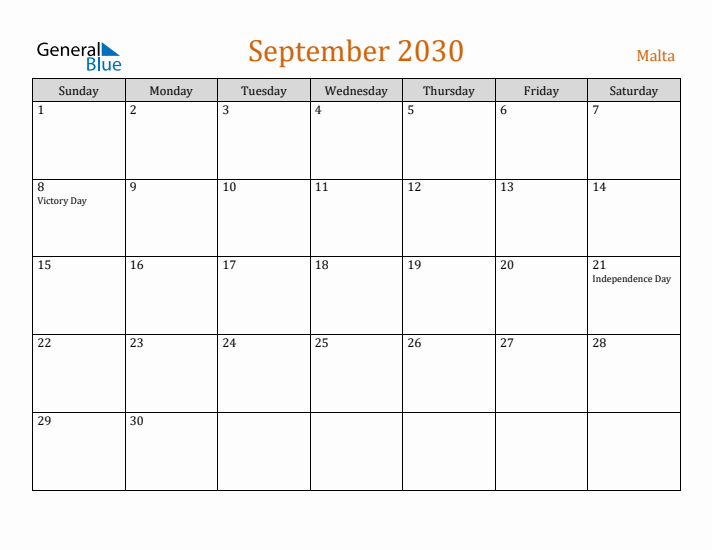 September 2030 Holiday Calendar with Sunday Start