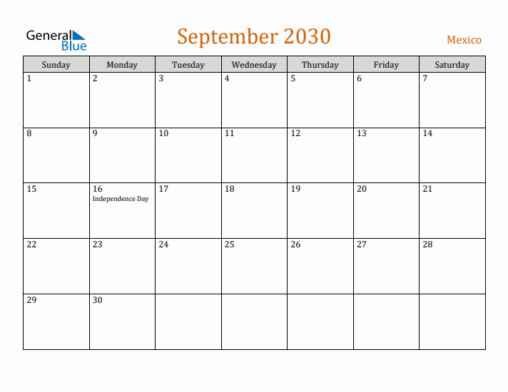 September 2030 Holiday Calendar with Sunday Start