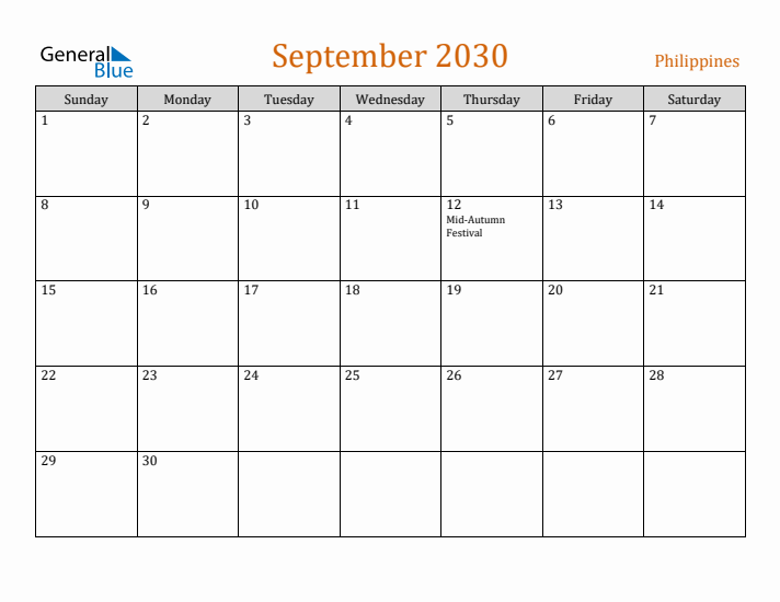 September 2030 Holiday Calendar with Sunday Start