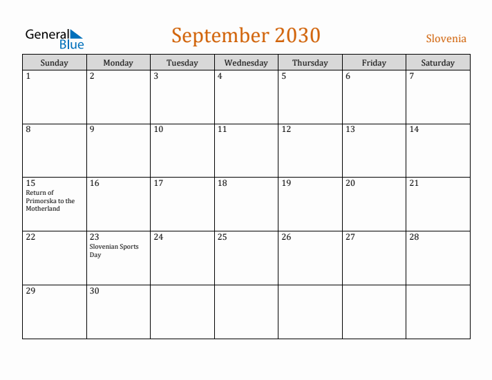 September 2030 Holiday Calendar with Sunday Start