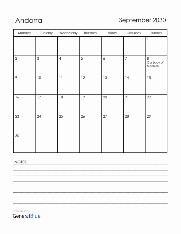 September 2030 Andorra Calendar with Holidays (Monday Start)