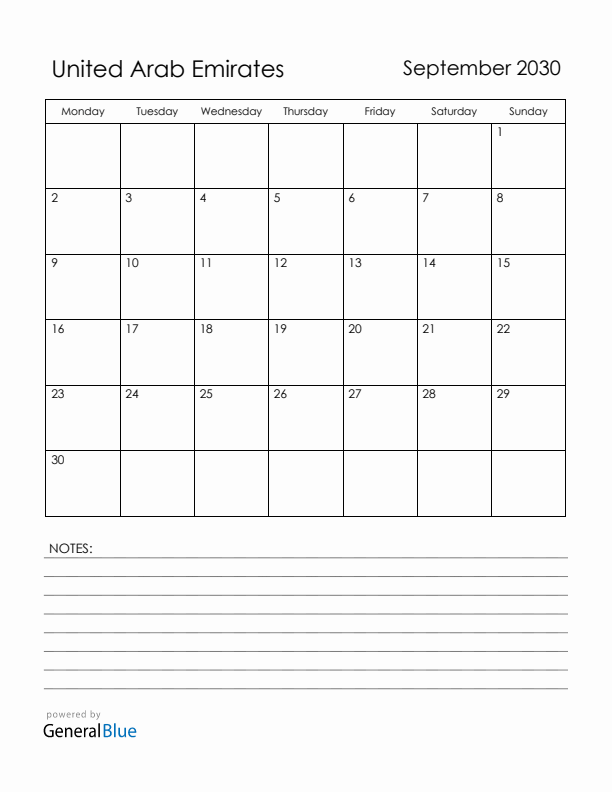 September 2030 United Arab Emirates Calendar with Holidays (Monday Start)