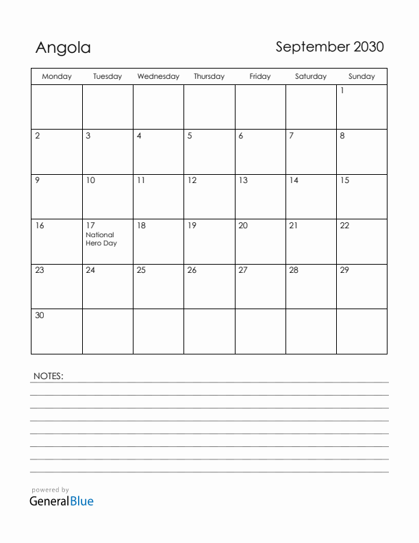 September 2030 Angola Calendar with Holidays (Monday Start)