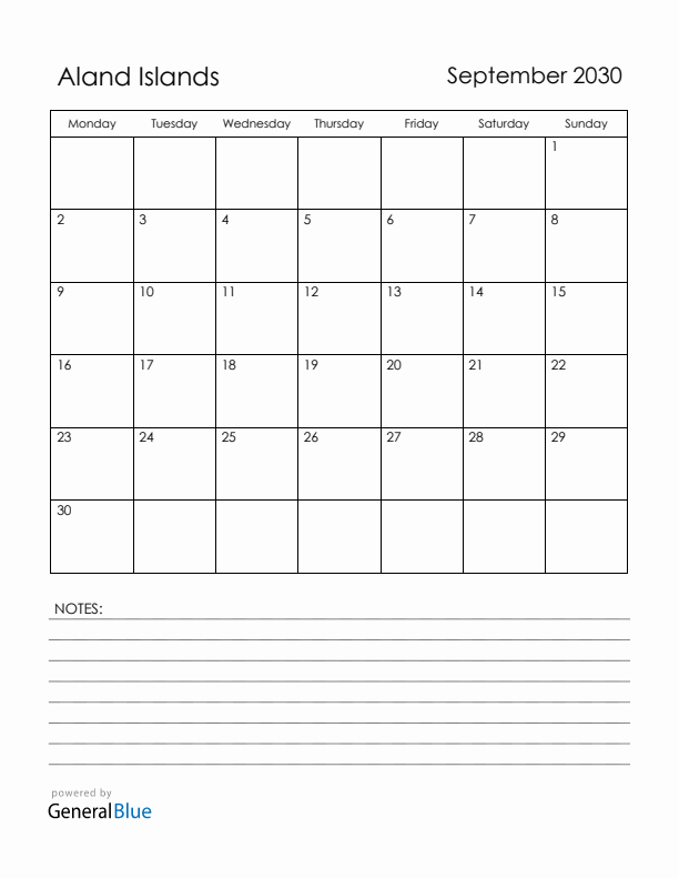 September 2030 Aland Islands Calendar with Holidays (Monday Start)