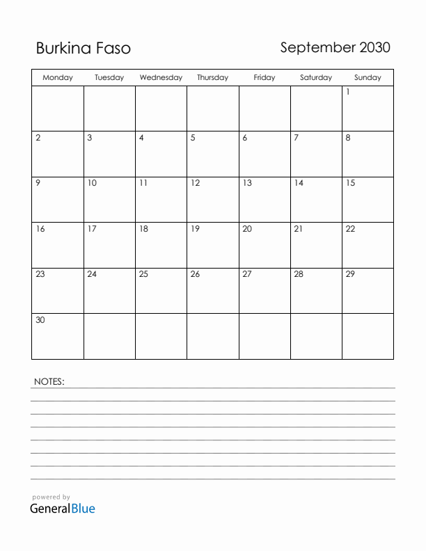 September 2030 Burkina Faso Calendar with Holidays (Monday Start)