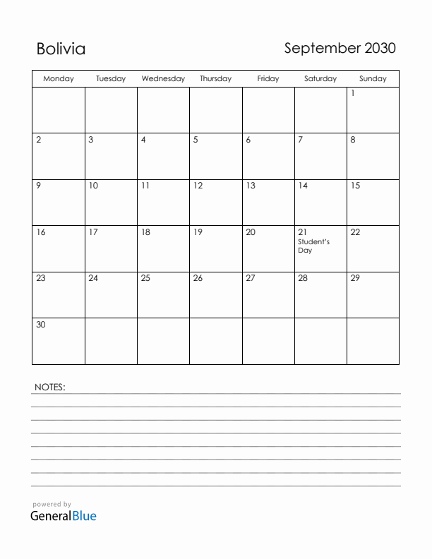 September 2030 Bolivia Calendar with Holidays (Monday Start)