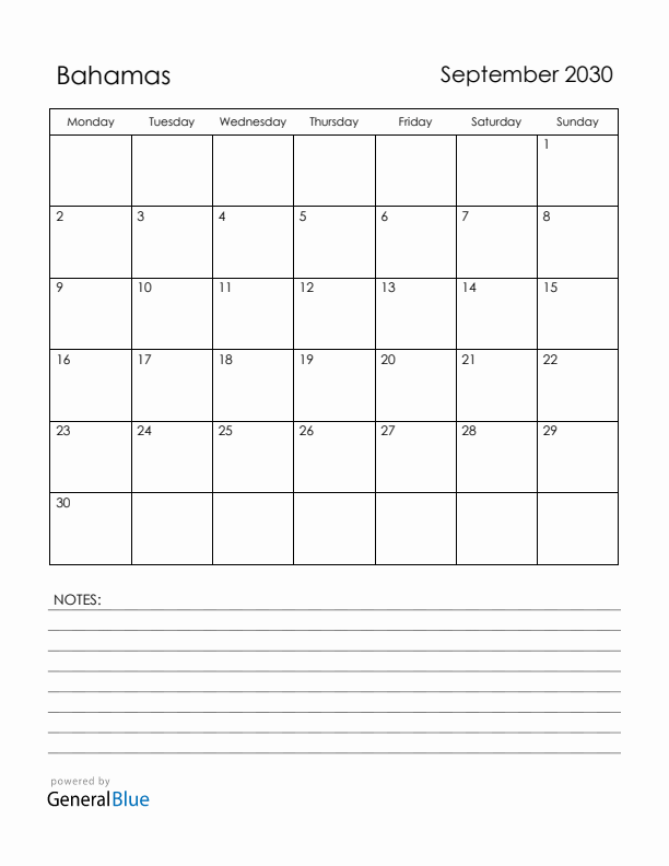 September 2030 Bahamas Calendar with Holidays (Monday Start)