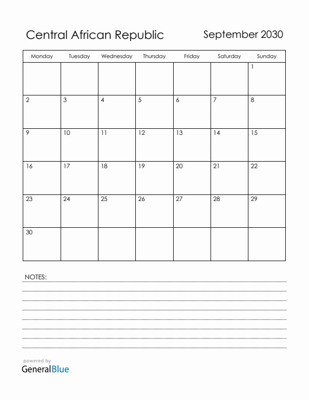 September 2030 Central African Republic Calendar with Holidays (Monday Start)