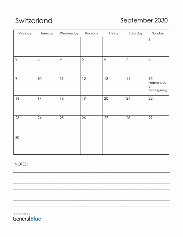 September 2030 Switzerland Calendar with Holidays (Monday Start)