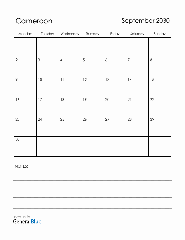 September 2030 Cameroon Calendar with Holidays (Monday Start)