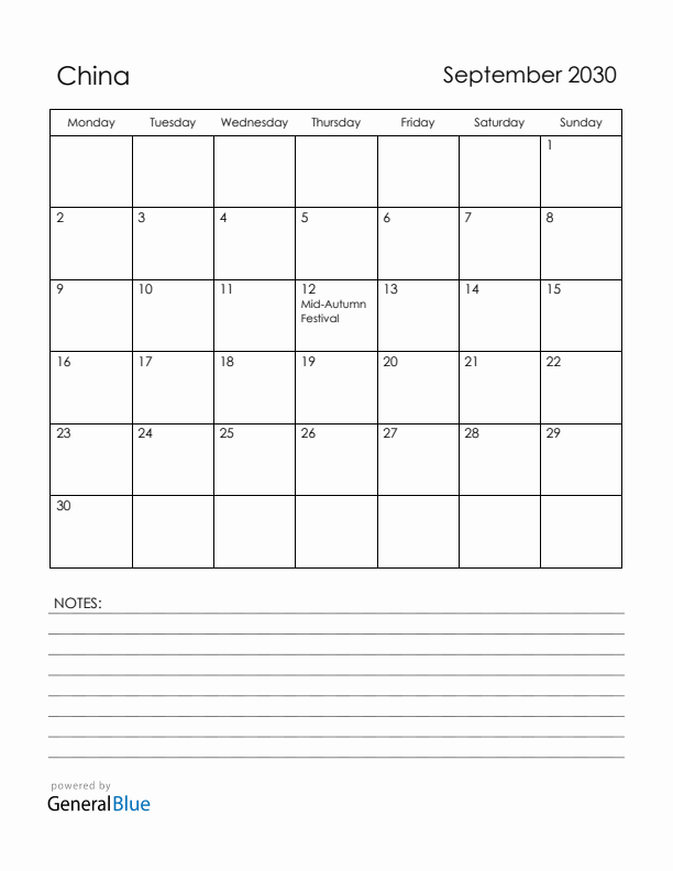 September 2030 China Calendar with Holidays (Monday Start)