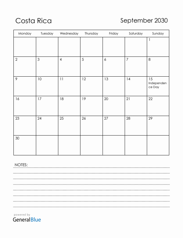 September 2030 Costa Rica Calendar with Holidays (Monday Start)