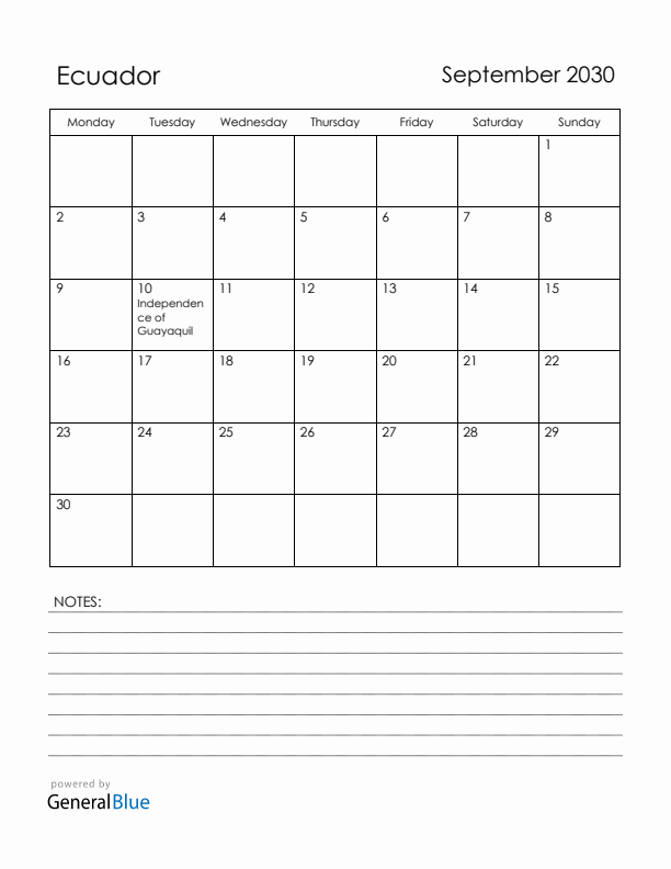 September 2030 Ecuador Calendar with Holidays (Monday Start)