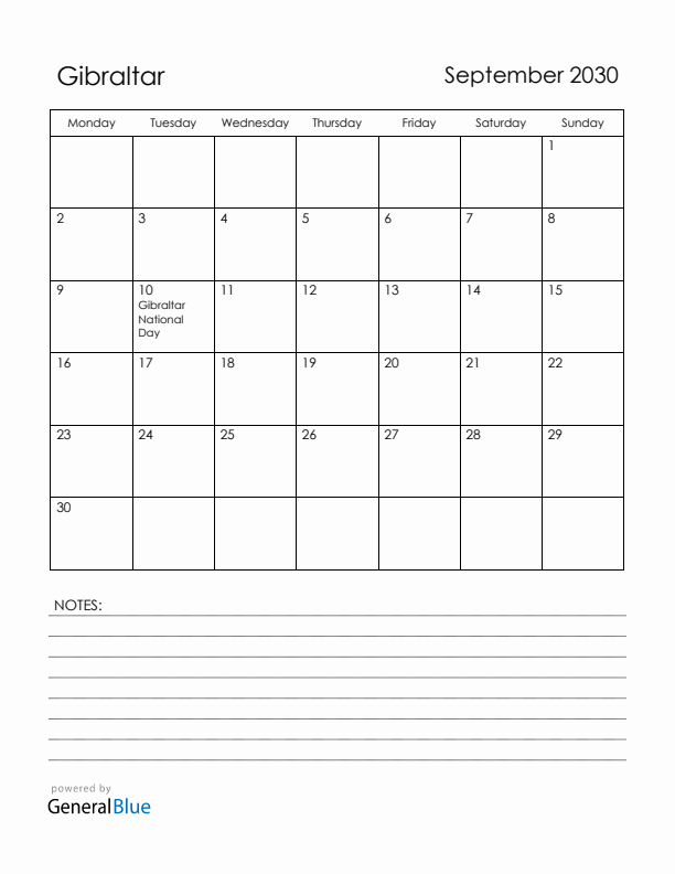 September 2030 Gibraltar Calendar with Holidays (Monday Start)