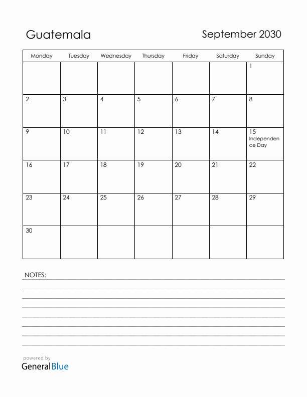 September 2030 Guatemala Calendar with Holidays (Monday Start)