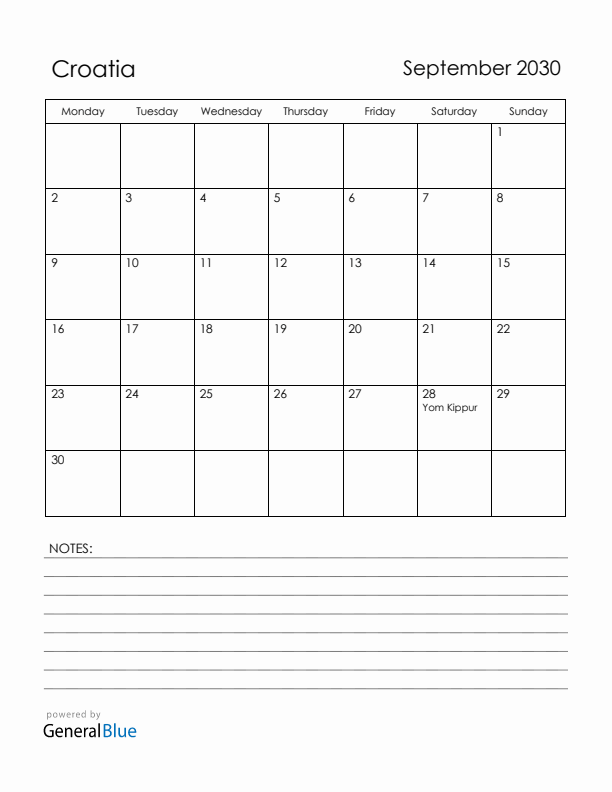 September 2030 Croatia Calendar with Holidays (Monday Start)