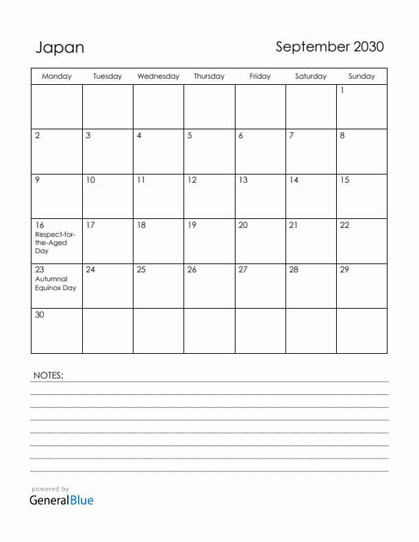 September 2030 Japan Calendar with Holidays (Monday Start)