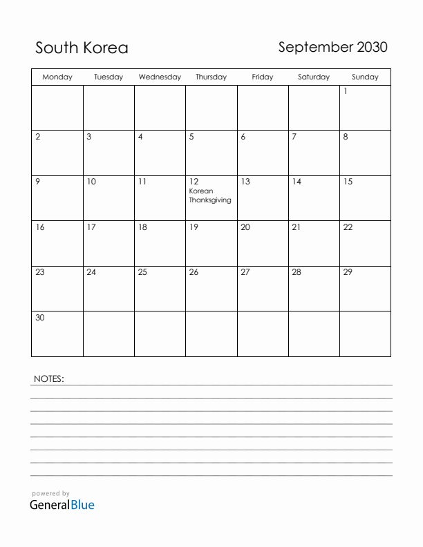 September 2030 South Korea Calendar with Holidays (Monday Start)