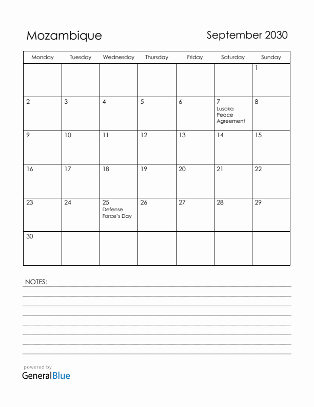 September 2030 Mozambique Calendar with Holidays (Monday Start)