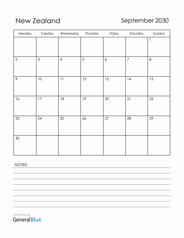 September 2030 New Zealand Calendar with Holidays (Monday Start)