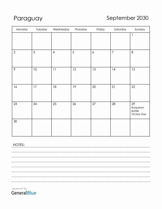 September 2030 Paraguay Calendar with Holidays (Monday Start)