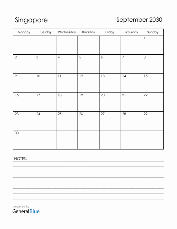 September 2030 Singapore Calendar with Holidays (Monday Start)