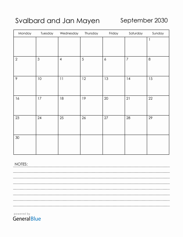 September 2030 Svalbard and Jan Mayen Calendar with Holidays (Monday Start)