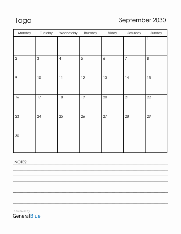 September 2030 Togo Calendar with Holidays (Monday Start)