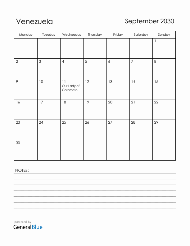 September 2030 Venezuela Calendar with Holidays (Monday Start)