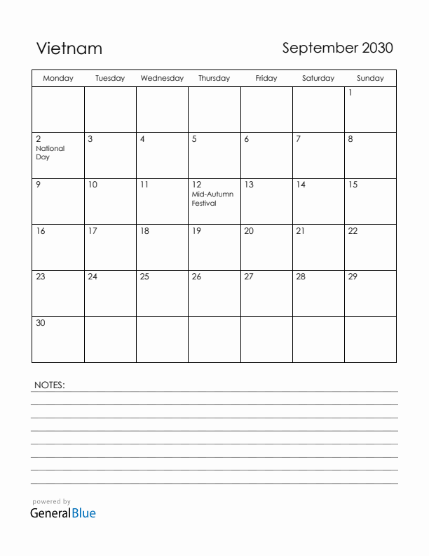 September 2030 Vietnam Calendar with Holidays (Monday Start)