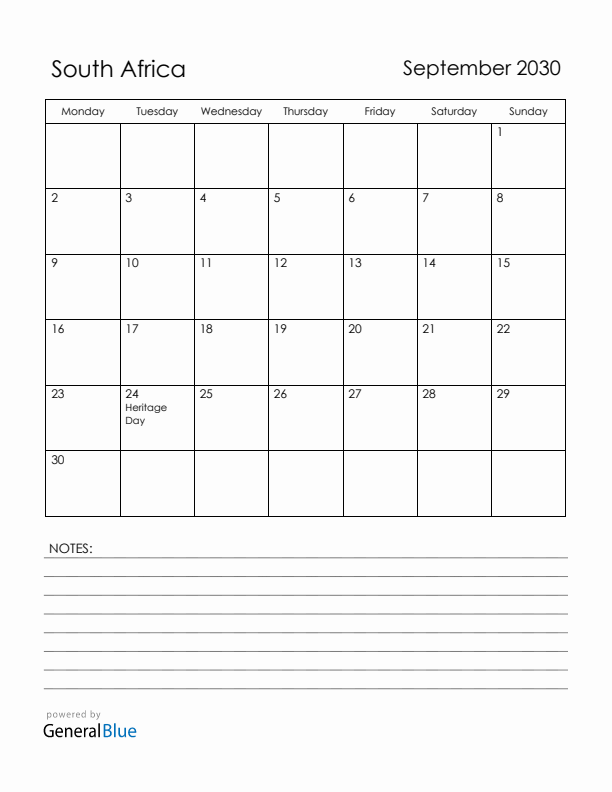 September 2030 South Africa Calendar with Holidays (Monday Start)