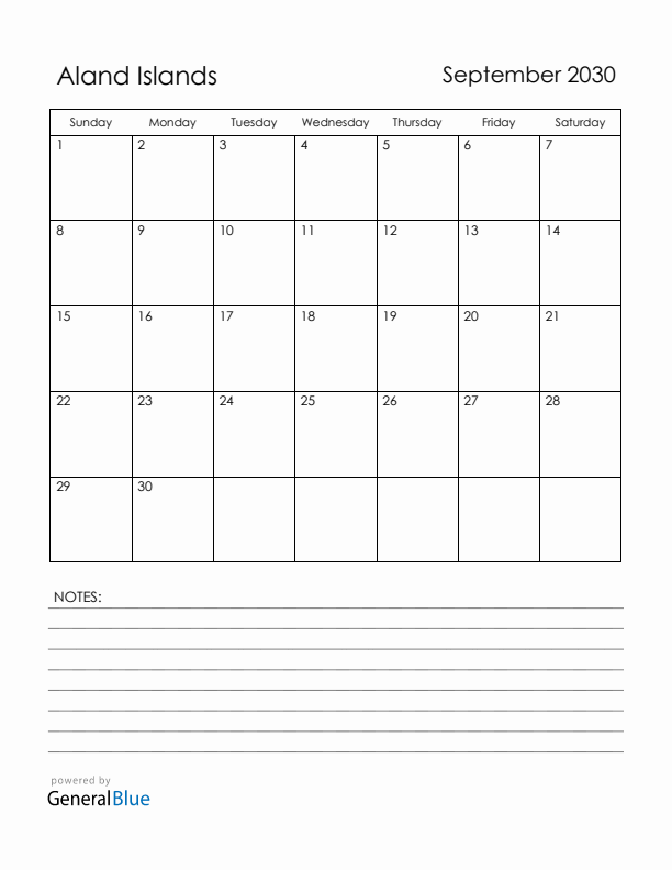 September 2030 Aland Islands Calendar with Holidays (Sunday Start)