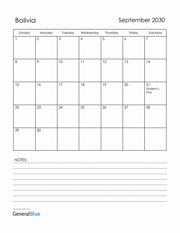 September 2030 Bolivia Calendar with Holidays (Sunday Start)