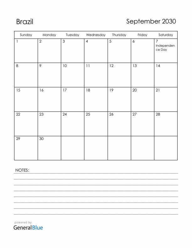 September 2030 Brazil Calendar with Holidays (Sunday Start)