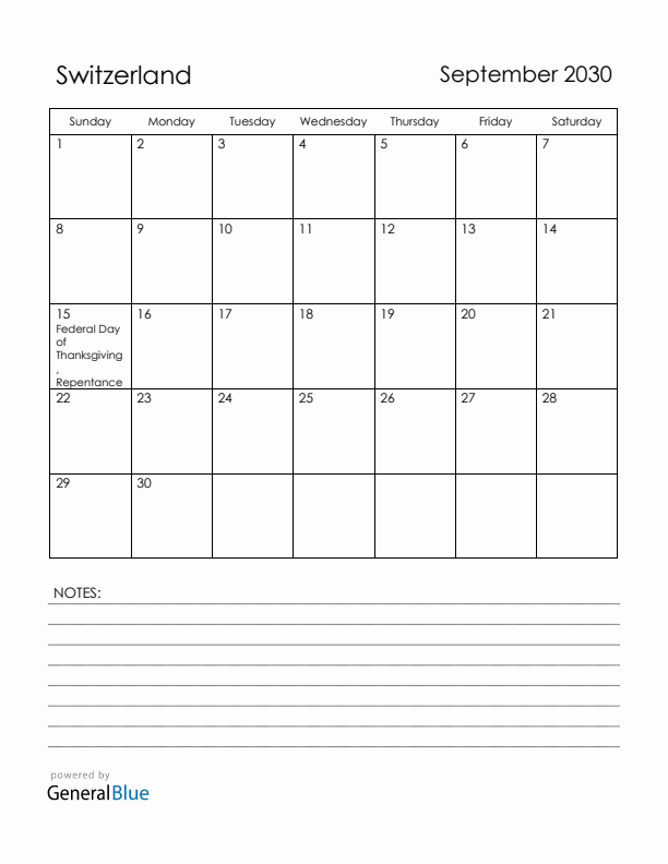 September 2030 Switzerland Calendar with Holidays (Sunday Start)