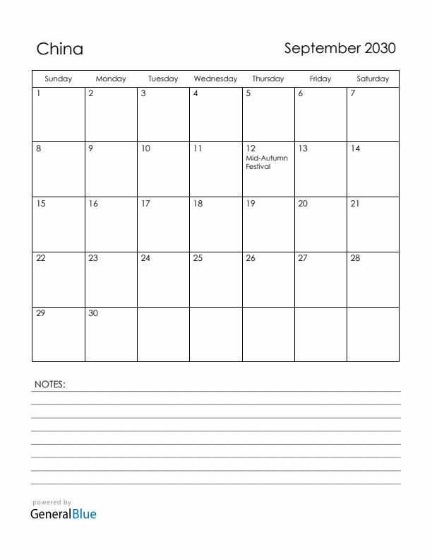 September 2030 China Calendar with Holidays (Sunday Start)