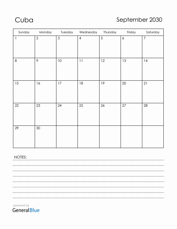 September 2030 Cuba Calendar with Holidays (Sunday Start)