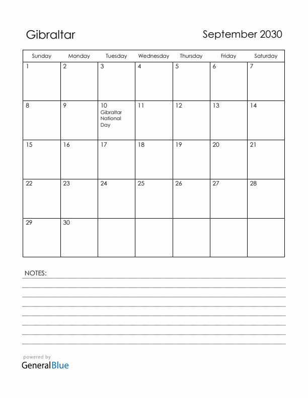 September 2030 Gibraltar Calendar with Holidays (Sunday Start)