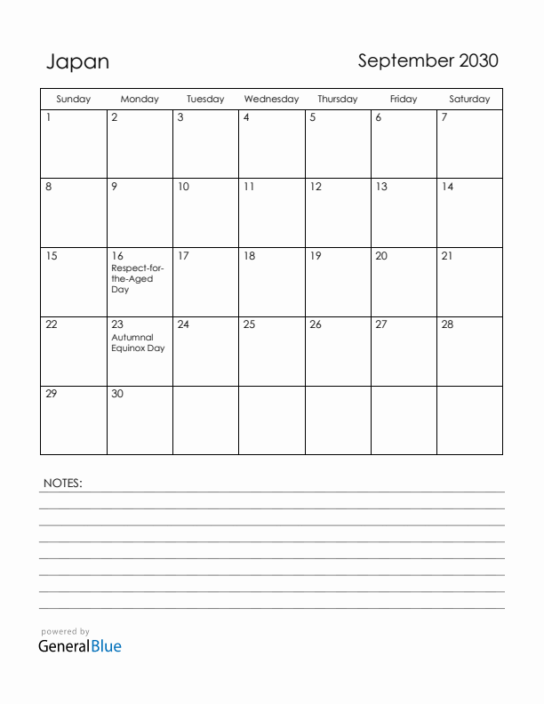 September 2030 Japan Calendar with Holidays (Sunday Start)