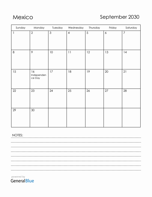 September 2030 Mexico Calendar with Holidays (Sunday Start)