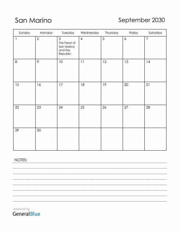 September 2030 San Marino Calendar with Holidays (Sunday Start)