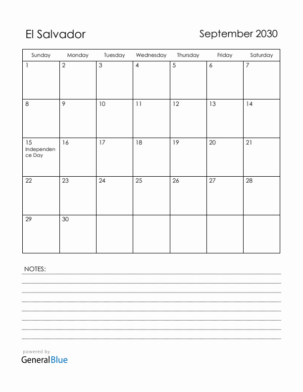 September 2030 El Salvador Calendar with Holidays (Sunday Start)