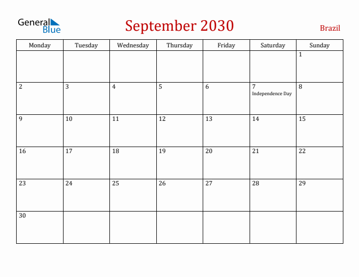 Brazil September 2030 Calendar - Monday Start