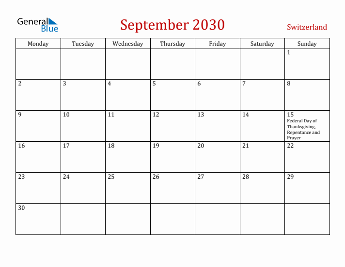 Switzerland September 2030 Calendar - Monday Start